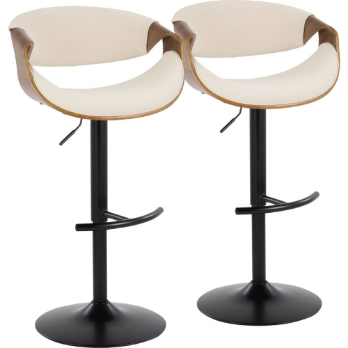 Curvo Adjustable Swivel Bar Stool in Black Metal, Walnut Wood & Cream Fabric (Set of 2)